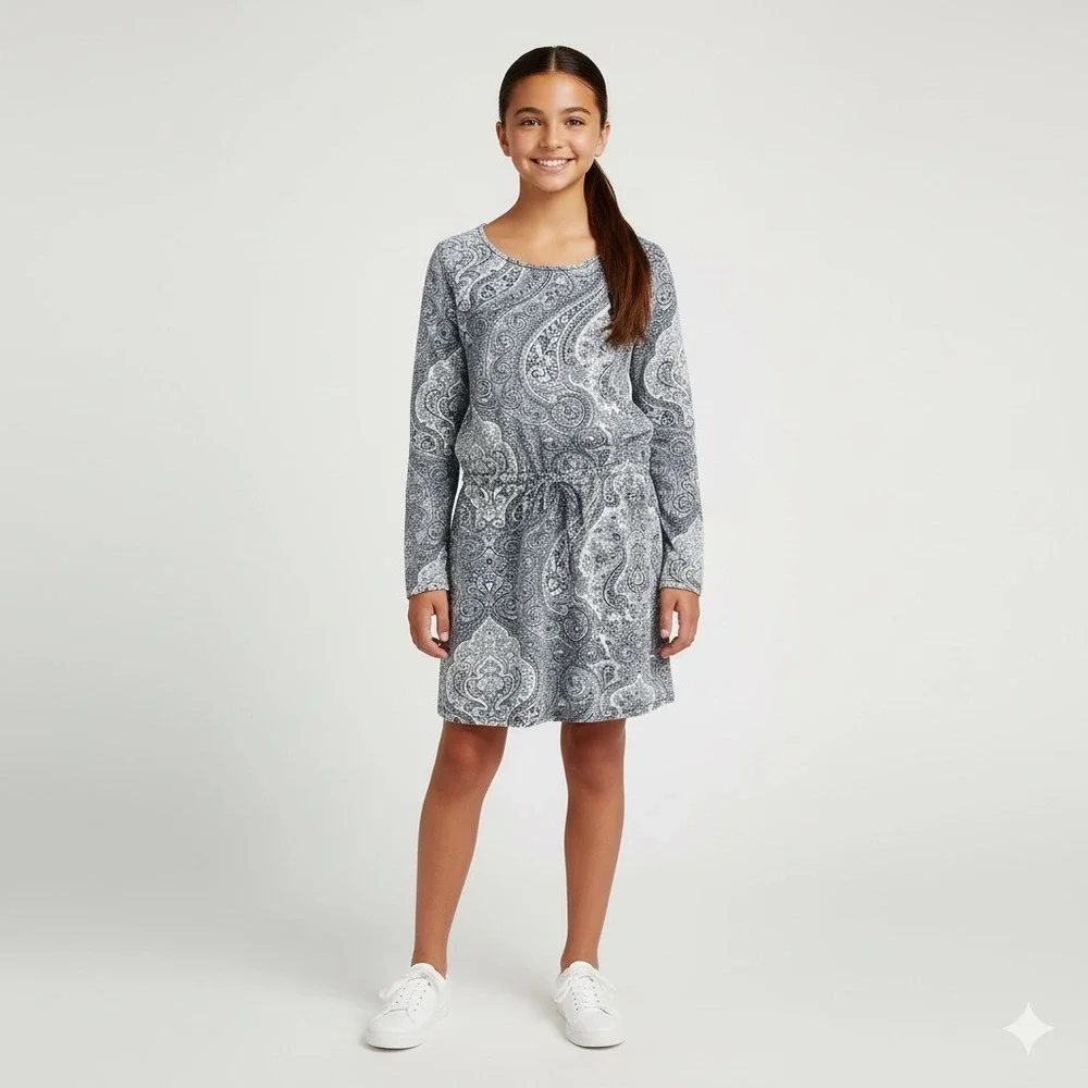 Ralph Lauren Dress Girls Size Medium Paisley Floral Long Sleeves Navy Blue White